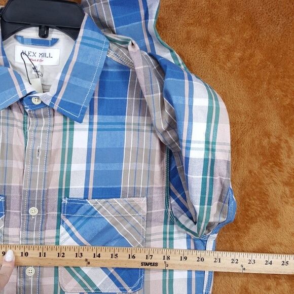 ALEX MILL Shirt Mens Small Blue Plaid Button Up Double Pocket CHORE SHIRT $185 - Picture 6 of 8